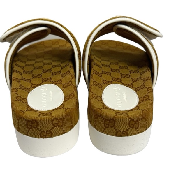 GUCCI NWT TAN BROWN WHITE MEN’S ADIDAS SLIDE SANDALS SIZE 11 MADE IN ITALY - Picture 6 of 11